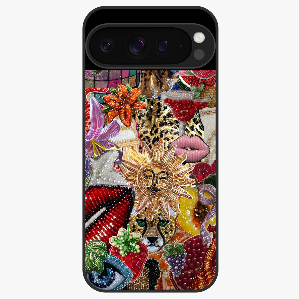 Beaded Fashion Jungle Glass Case showing flat back view with vibrant jungle inspired bead artwork and glossy glass finish.