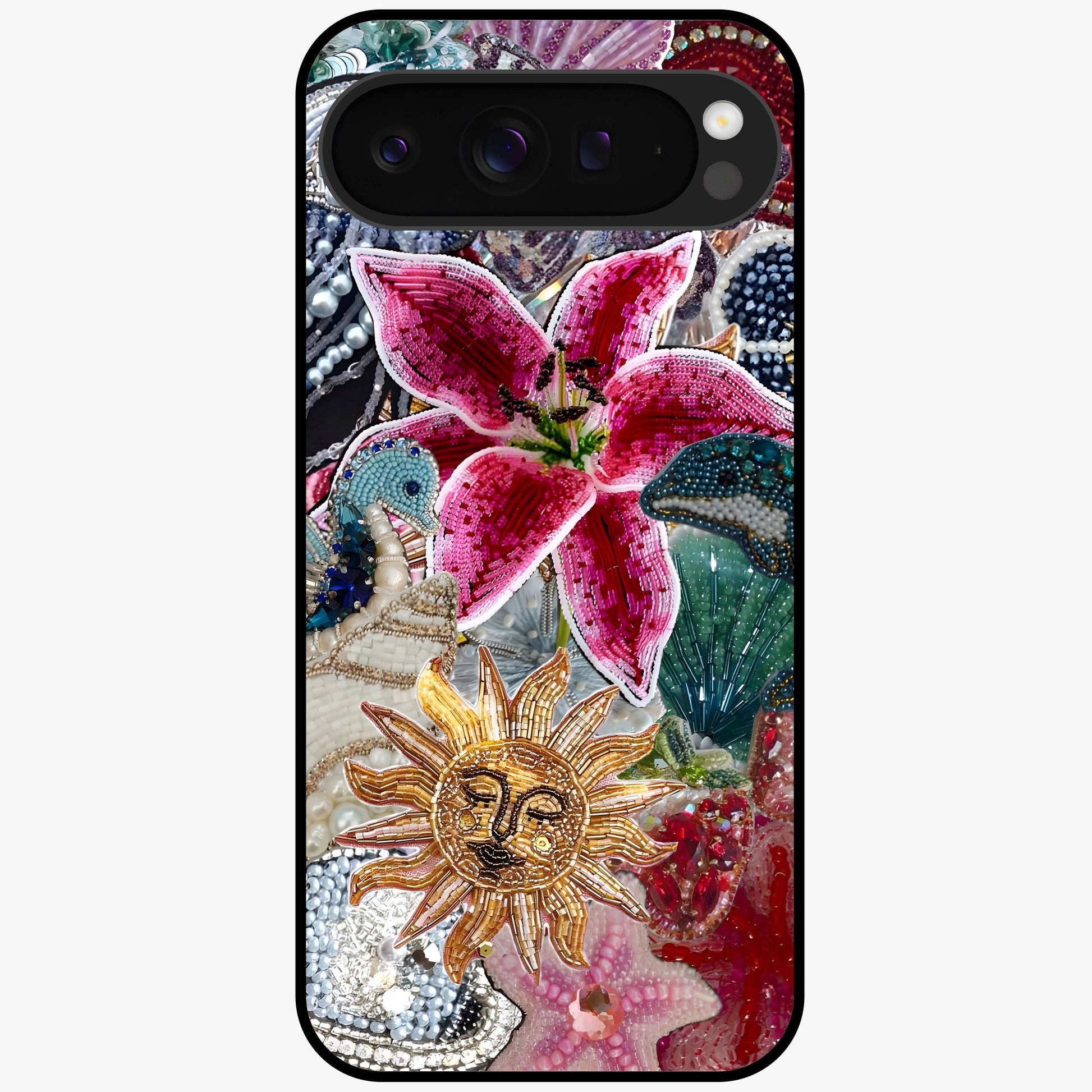 Beaded Garden Fantasy Glass Case showing flat back view with dreamy garden bead artwork and glossy glass finish.