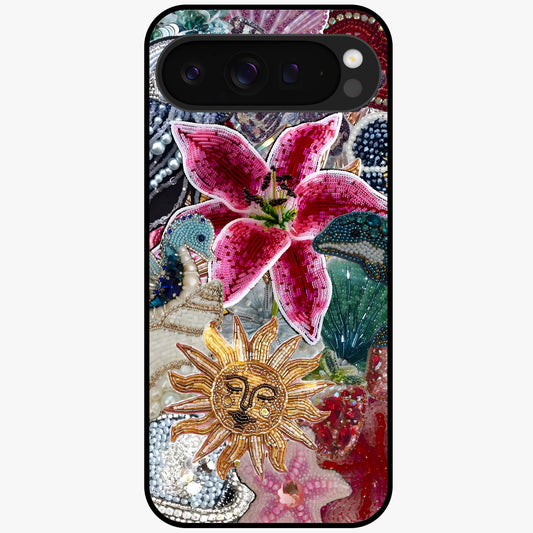Beaded Garden Fantasy Glass Case showing flat back view with dreamy garden bead artwork and glossy glass finish.