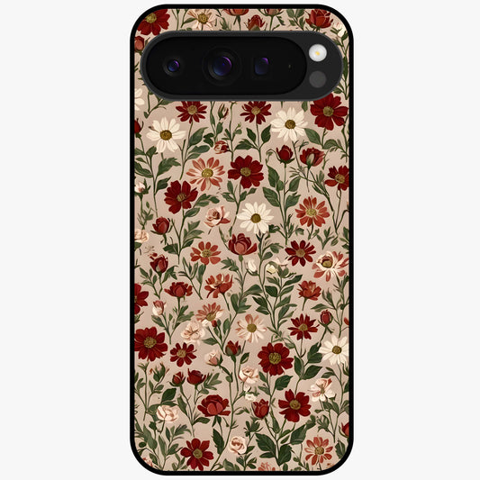 Biege Flower With Leaf Glass Case showing flat back view with soft beige floral artwork and glossy glass finish.
