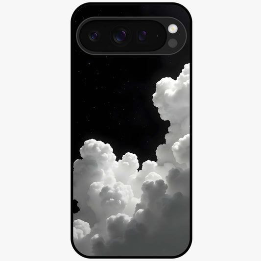 Black Background With White Cloud Glass Case showing flat back view with minimal cloud artwork on dark background and glossy glass finish.