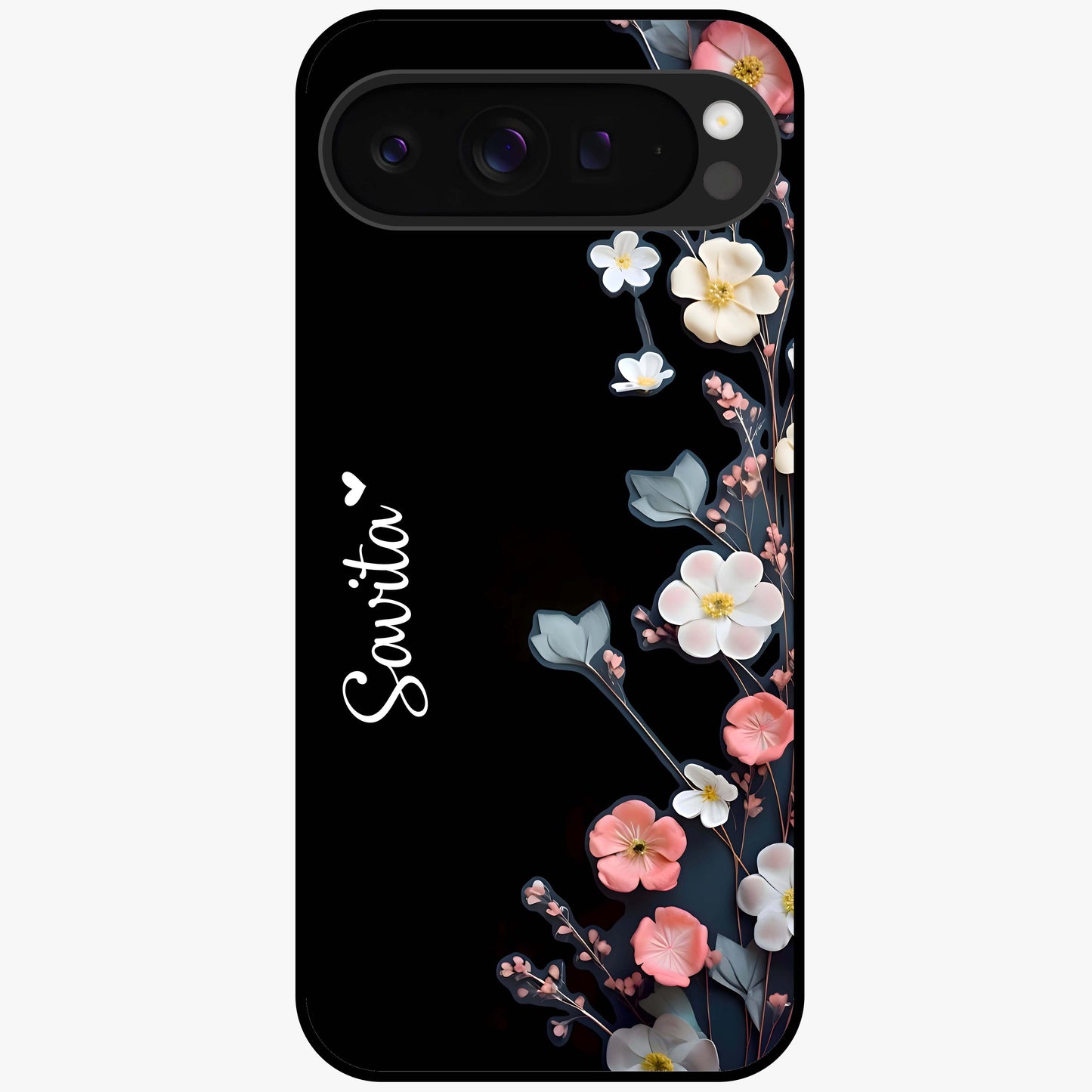 Black Elegance Floral Custom Name Glass Case showing flat back view with elegant floral artwork and personalized name design.