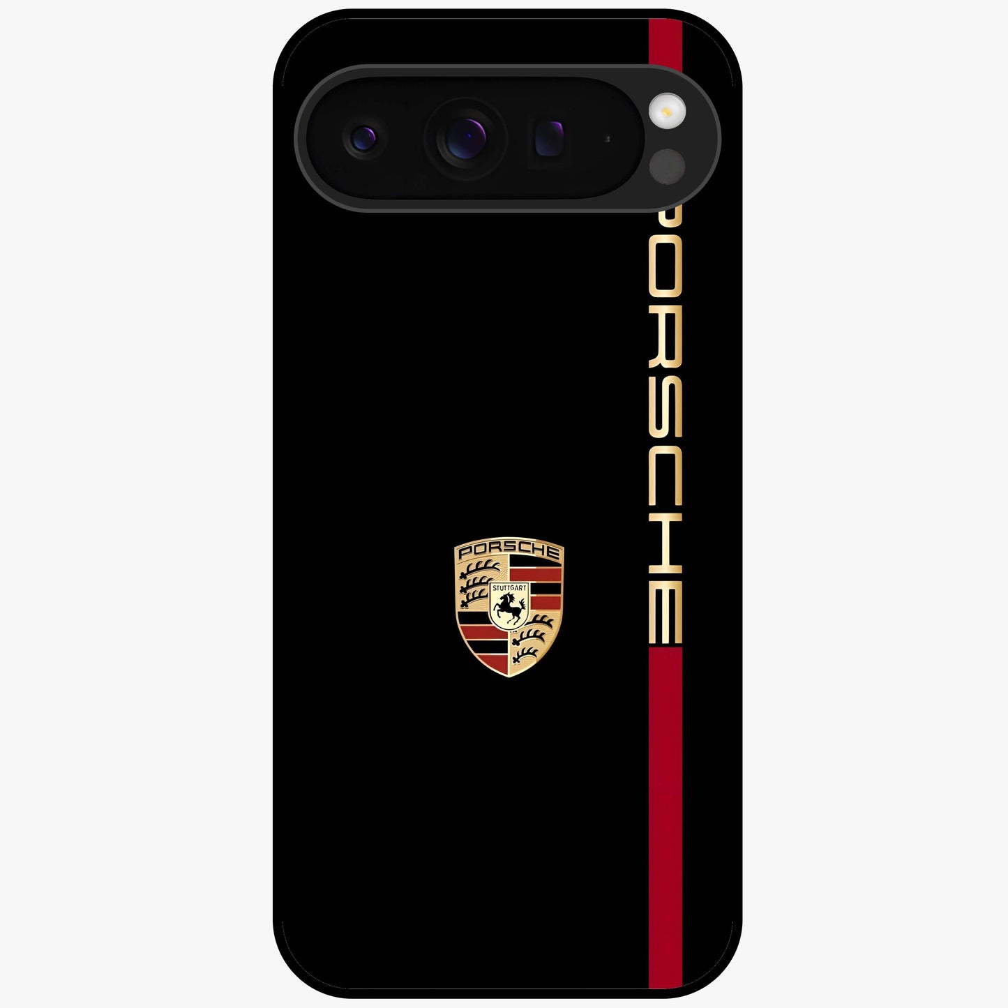 Black Minimal Porsche Glass Case showing flat back view with sleek minimal sports car artwork and glossy glass finish.