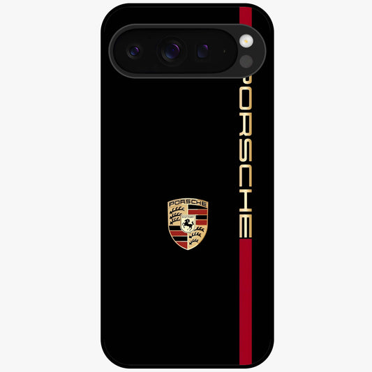 Black Minimal Porsche Glass Case showing flat back view with sleek minimal sports car artwork and glossy glass finish.
