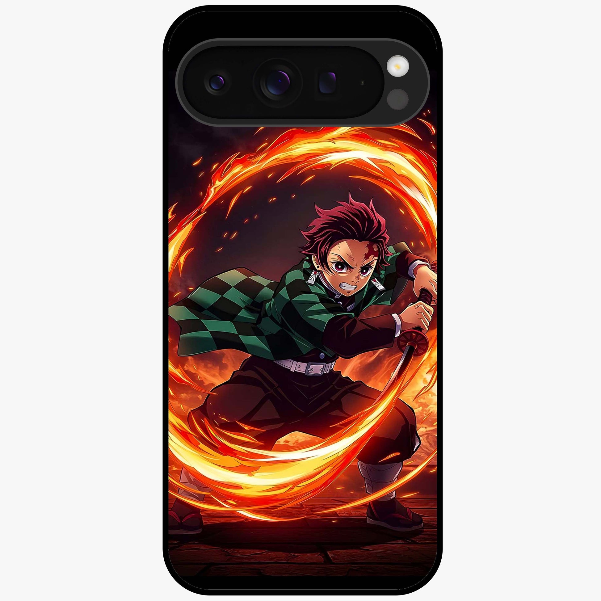 Blazing Sword Resolve Glass Case showing flat back view with fiery sword artwork and glossy glass finish.
