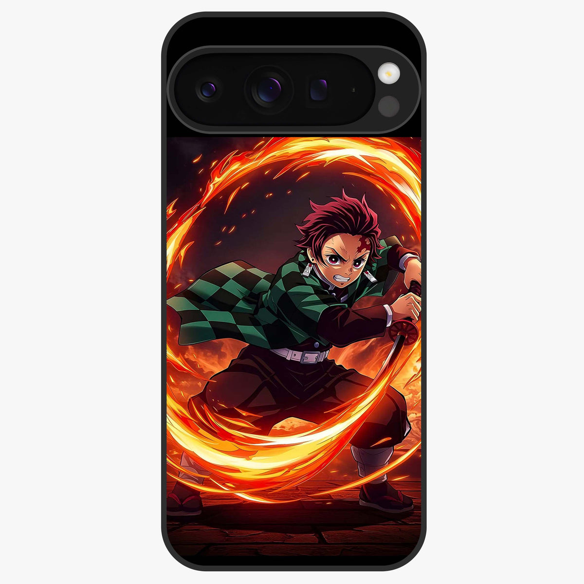 Blazing Sword Resolve Glass Case showing flat back view with fiery sword artwork and glossy glass finish.