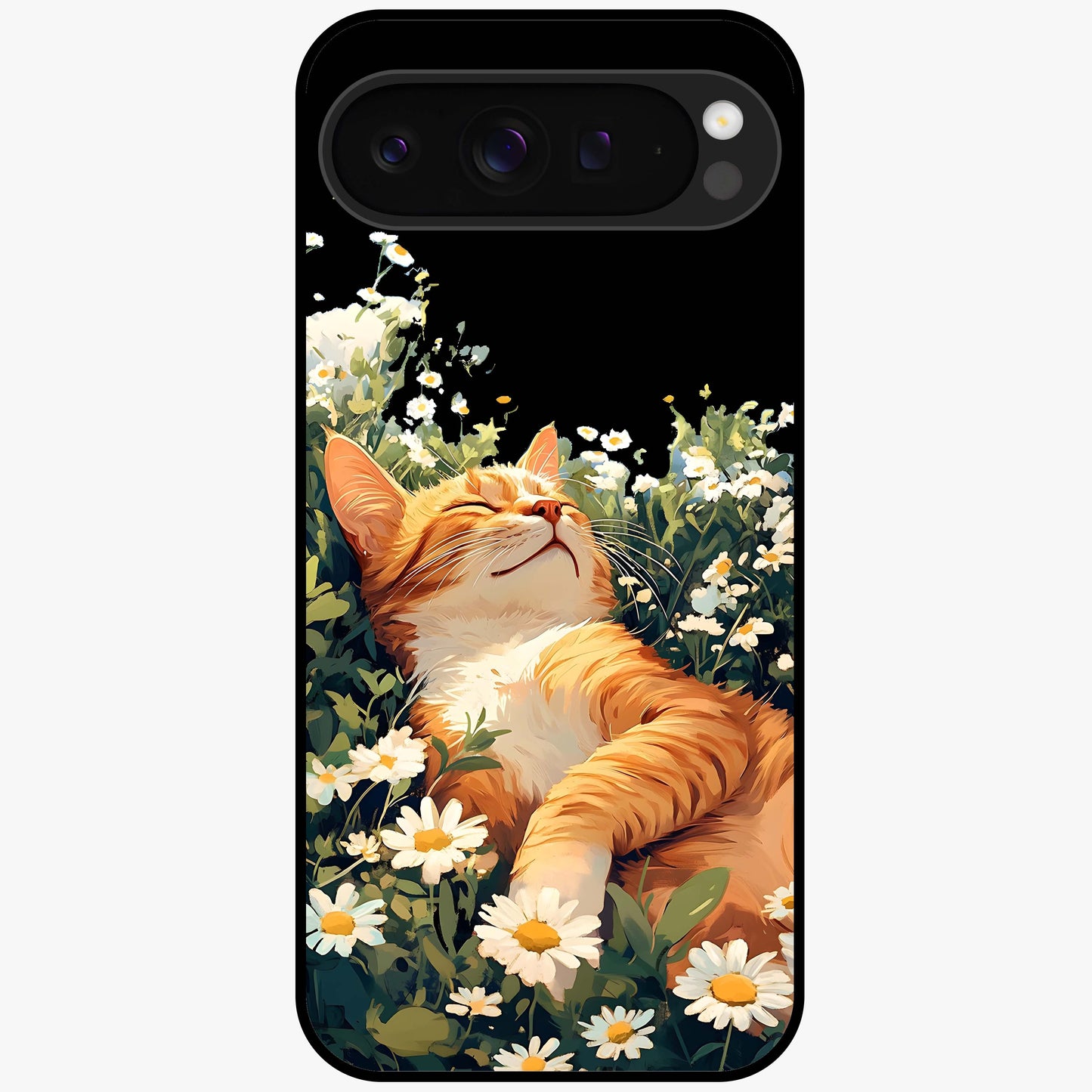Blissful Bloom Cat Glass Case showing flat back view with cute cat and floral bloom artwork and glossy glass finish.
