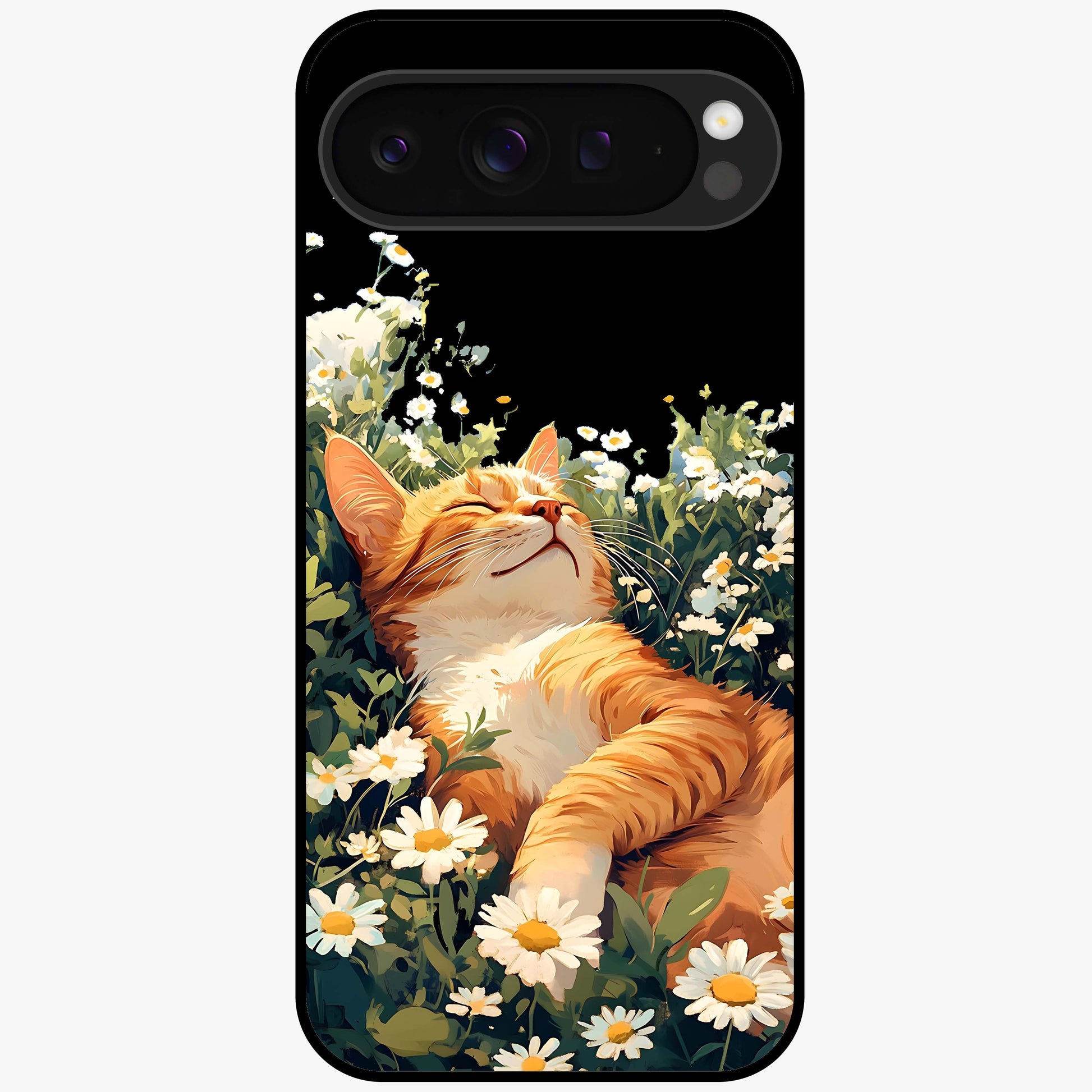 Blissful Bloom Cat Glass Case showing flat back view with cute cat and floral bloom artwork and glossy glass finish.