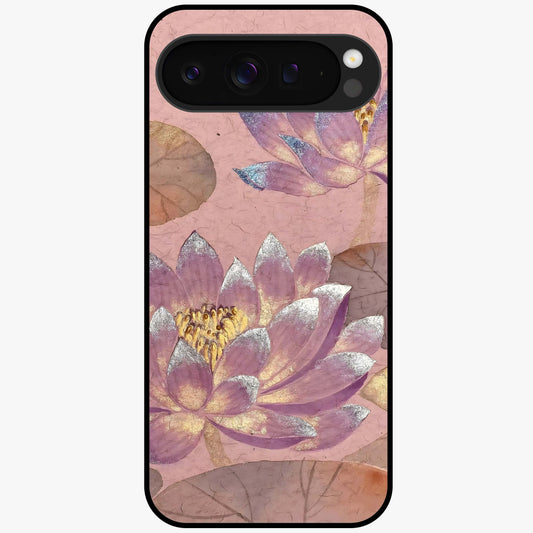 Blossom Mist Lotus Glass Case showing flat back view with serene lotus blossom artwork and glossy glass finish.