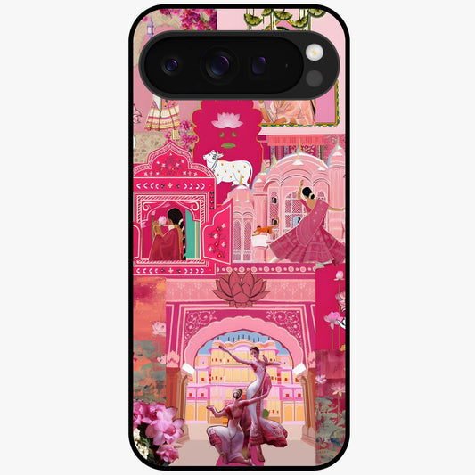 Blossoms of Rajasthan Glass Case showing flat back view with traditional floral artwork inspired by Rajasthan and glossy glass finish.