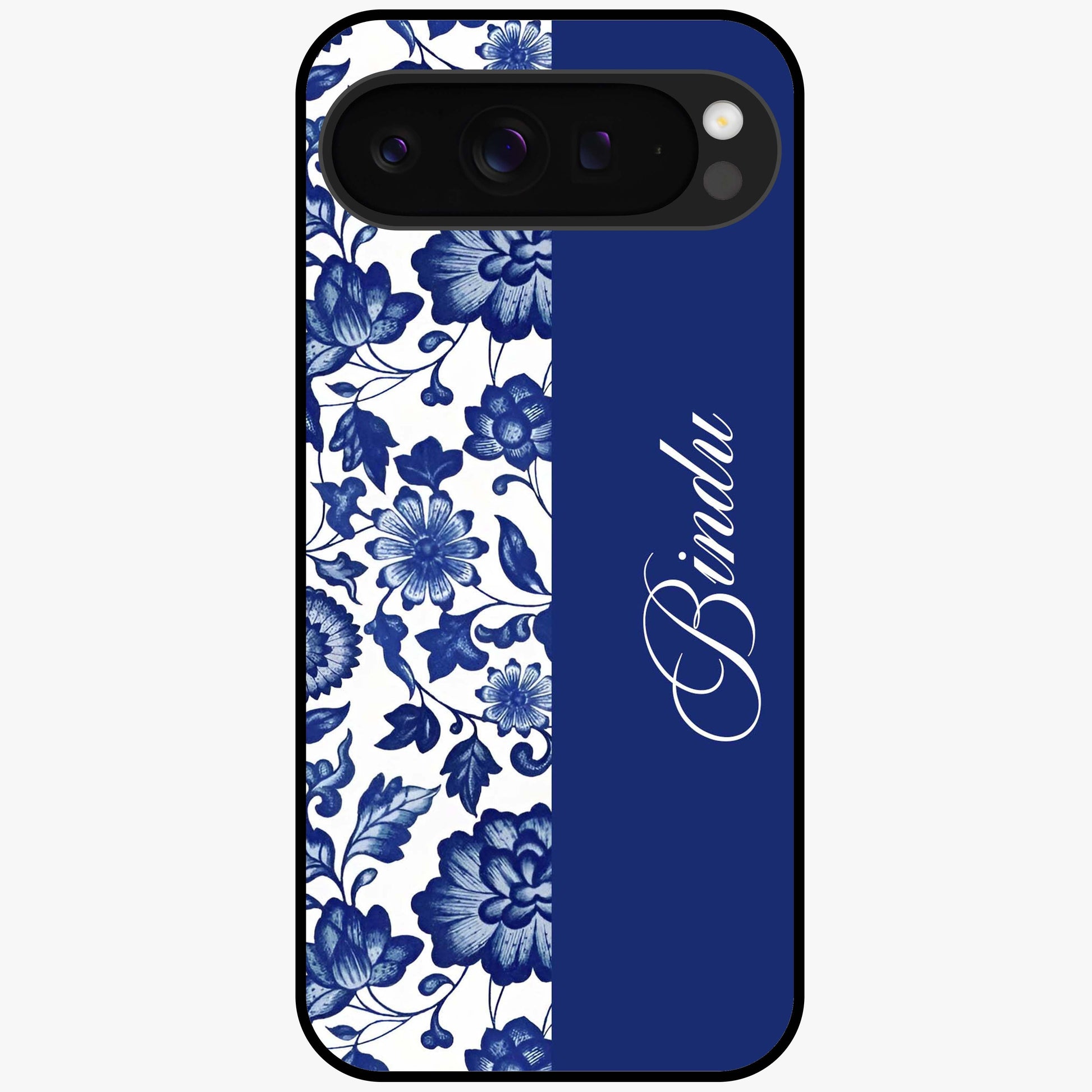 Blue Vintage Floral Pattern Glass Case upright view showcasing timeless floral illustration with vintage inspired style.