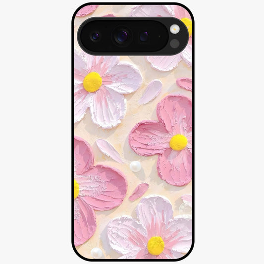 Blush Bloom Texture Glass Case showing flat back view with soft blush floral texture artwork and glossy glass finish.