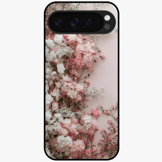 Blush Blossom Cloud Glass Case showing flat back view with dreamy blush cloud blossom artwork and glossy glass finish.