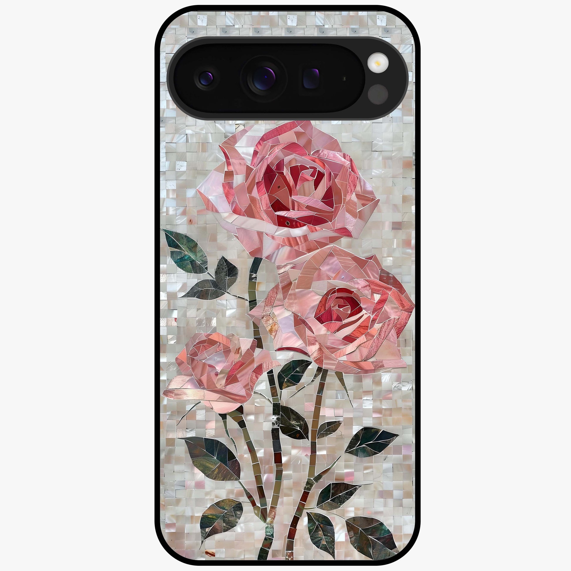 Blush Mosaic Bloom Glass Case showing flat back view with mosaic floral bloom artwork and glossy glass finish.