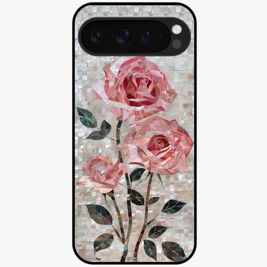 Blush Mosaic Bloom Glass Case showing flat back view with mosaic floral bloom artwork and glossy glass finish.
