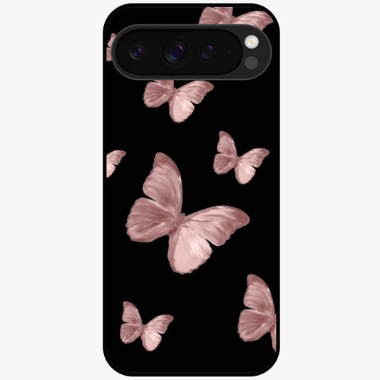 Butterfly Pattern Glass Case showing flat back view with elegant butterfly pattern artwork and glossy glass finish.