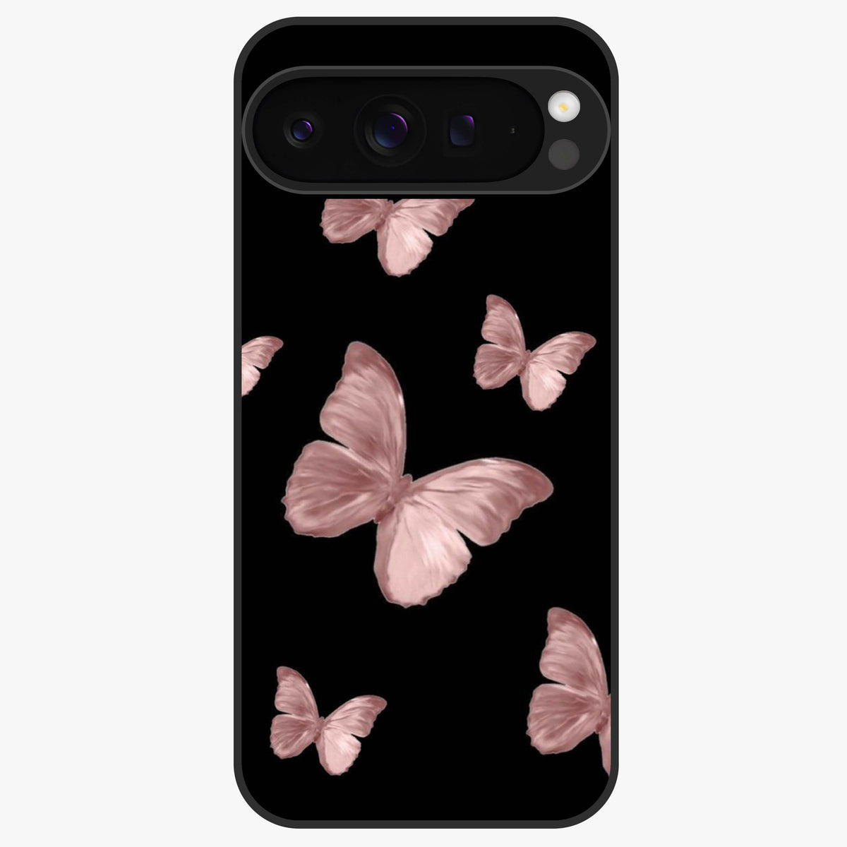 Butterfly Pattern Glass Case showing flat back view with elegant butterfly pattern artwork and glossy glass finish.