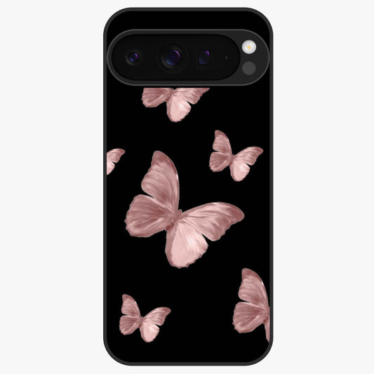 Butterfly Pattern Glass Case showing flat back view with elegant butterfly pattern artwork and glossy glass finish.