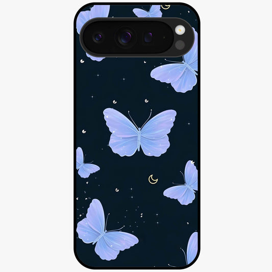 Butterfly With Stars Pattern Glass Case showing flat back view with butterfly and star pattern artwork and glossy glass finish.