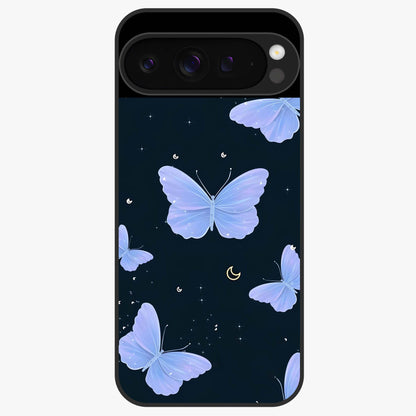 Butterfly With Stars Pattern Glass Case showing flat back view with butterfly and star pattern artwork and glossy glass finish.