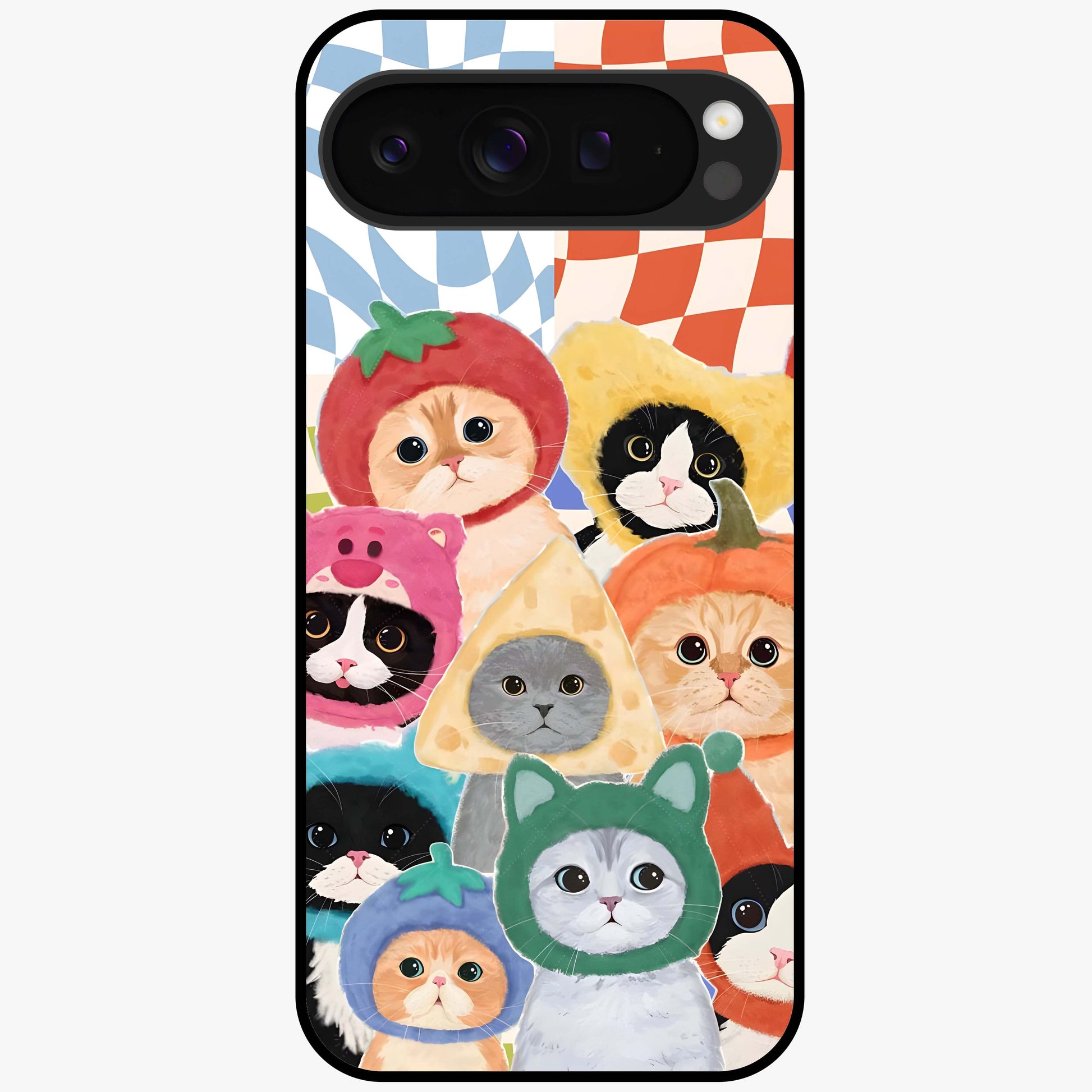 Cats in Fruits Glass Case showing flat back view with playful cat illustrations inside fruit artwork and glossy glass finish.