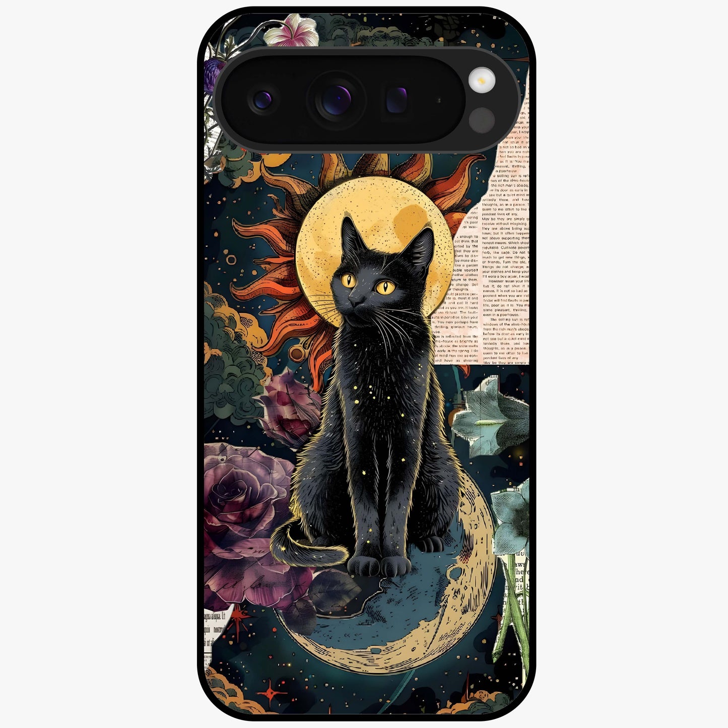 Celestial Black Cat Glass Case showing flat back view with mystical black cat artwork and glossy glass finish.