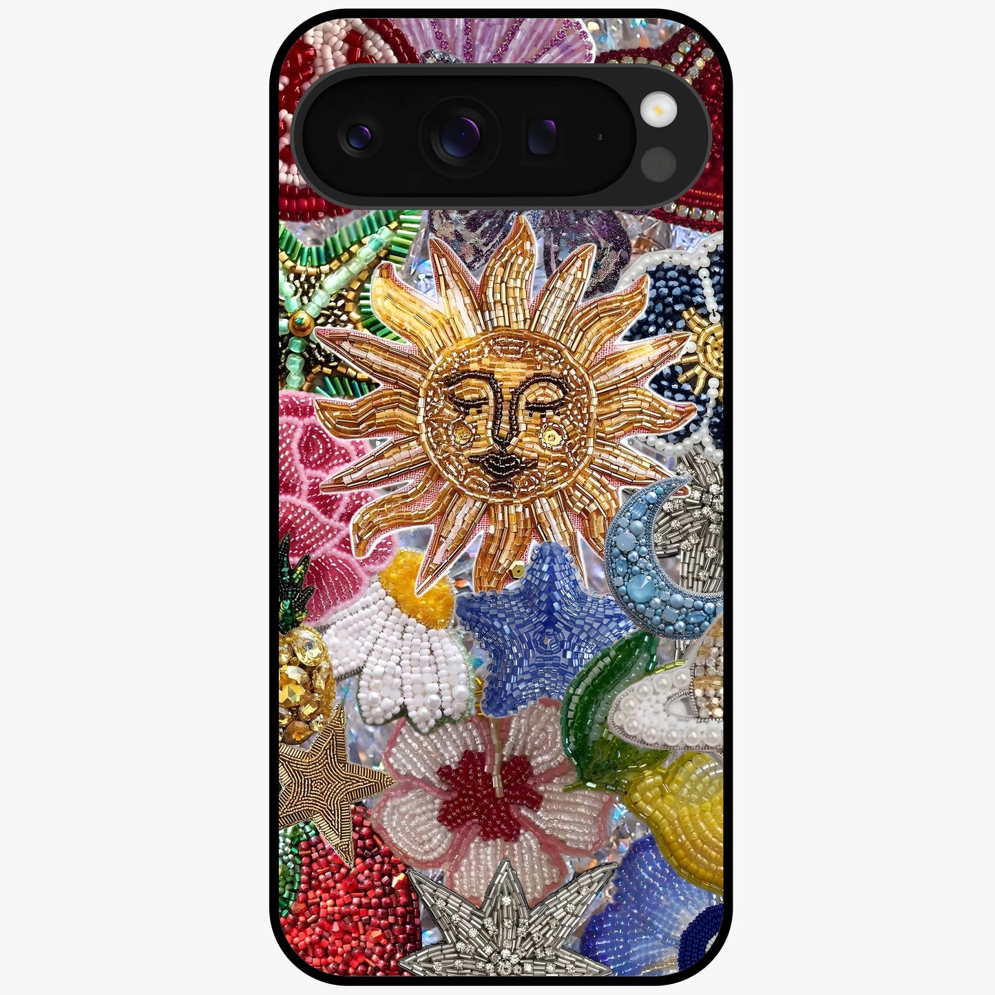 Celestial Floral and Playful Glass Case showing flat back view with floral and celestial themed artwork and glossy glass finish.