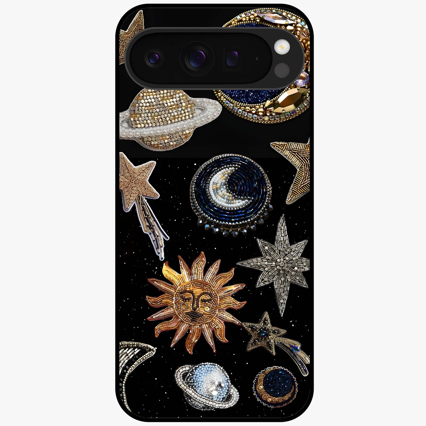 Celestial Gem Constellations Glass Case showing flat back view with sparkling constellation artwork and glossy glass finish.