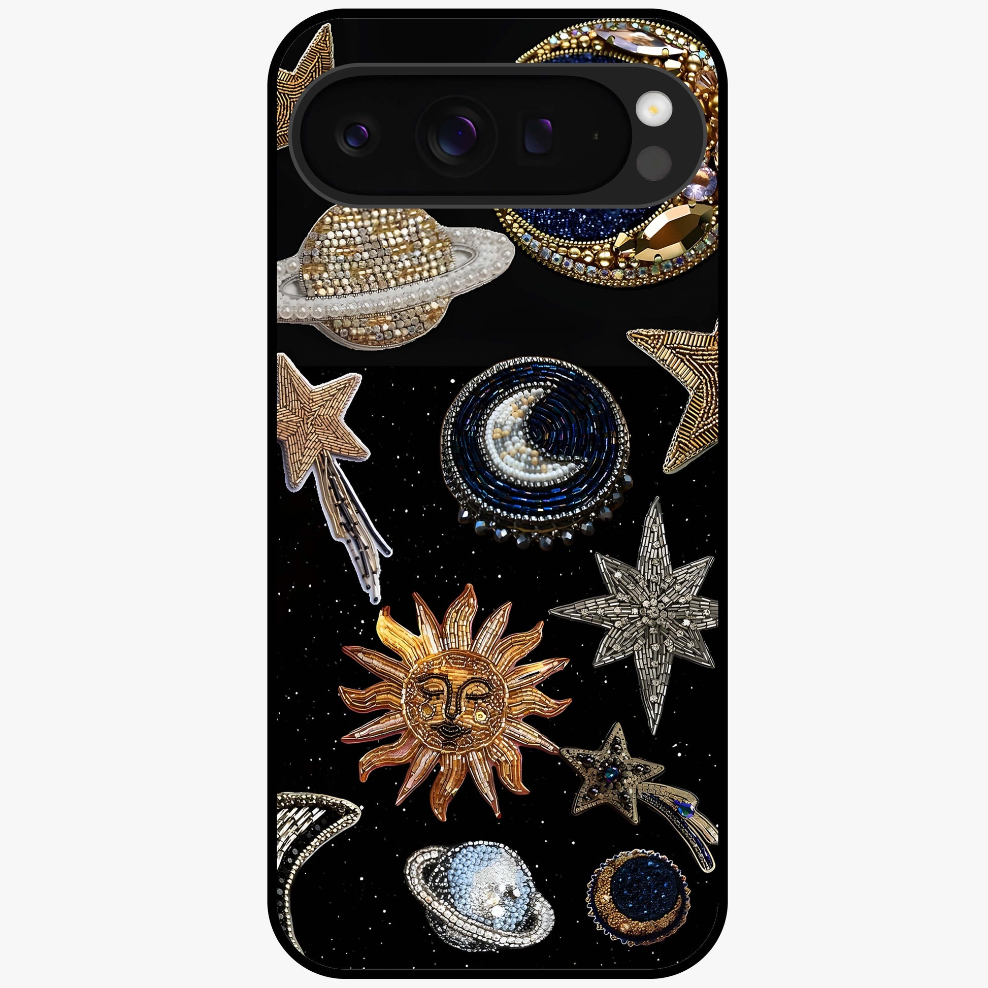 Celestial Gem Constellations Glass Case showing flat back view with sparkling constellation artwork and glossy glass finish.