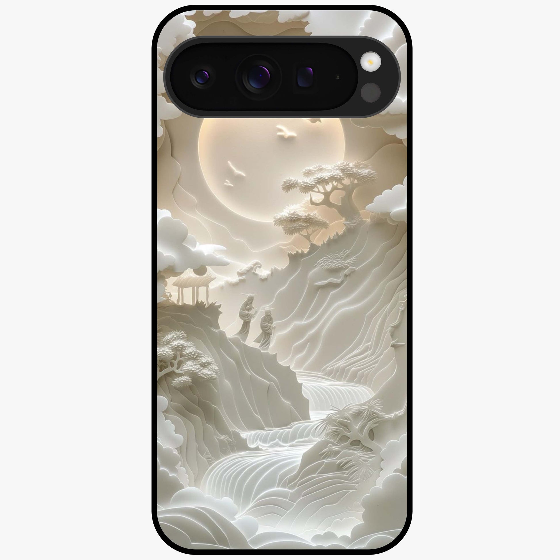 Celestial Origami Glass Case showing flat back view with artistic origami inspired celestial artwork and glossy glass finish.