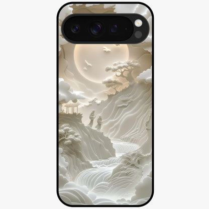 Celestial Origami Glass Case showing flat back view with artistic origami inspired celestial artwork and glossy glass finish.
