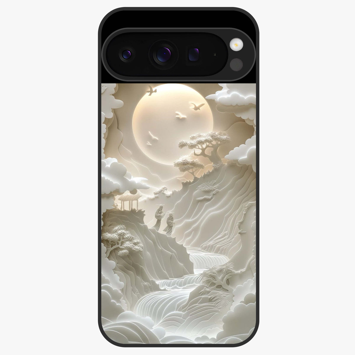 Celestial Origami Glass Case showing flat back view with artistic origami inspired celestial artwork and glossy glass finish.