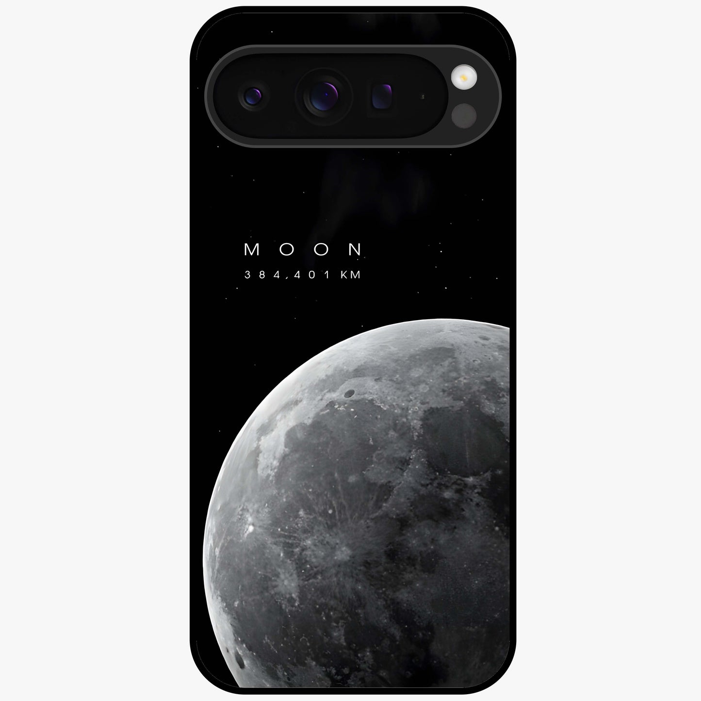 Cosmic Moon Glow Glass Case showing flat back view with glowing moon artwork and glossy glass finish.