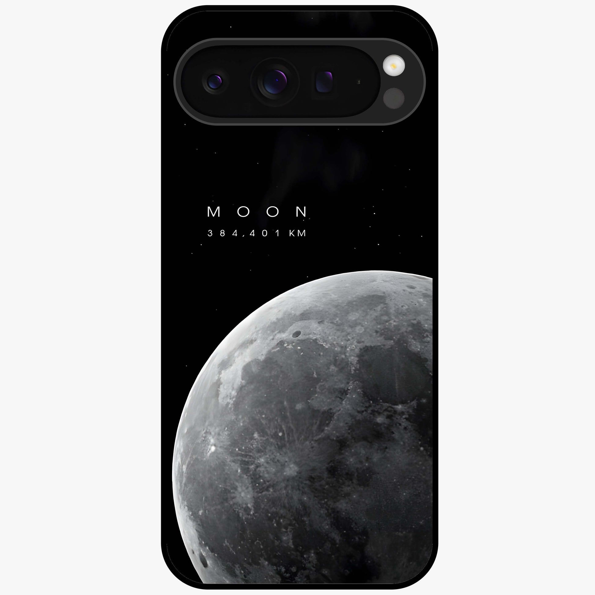 Cosmic Moon Glow Glass Case showing flat back view with glowing moon artwork and glossy glass finish.