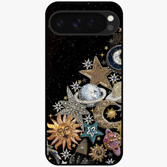 Cosmic Sparkle Dreams Glass Case showing flat back view with sparkling cosmic artwork and glossy glass finish.