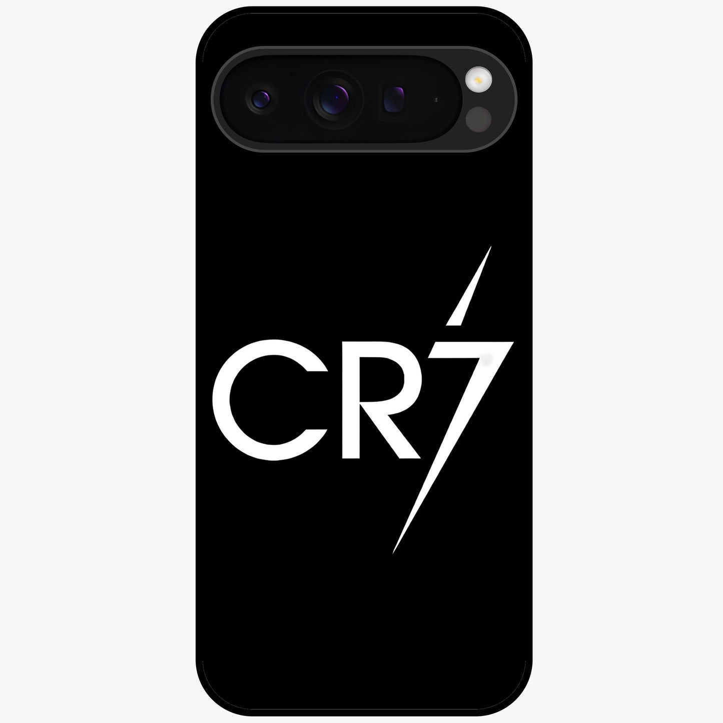 Cr7 Elite Strike Glass Case showing flat back view with dynamic football inspired artwork and glossy glass finish.