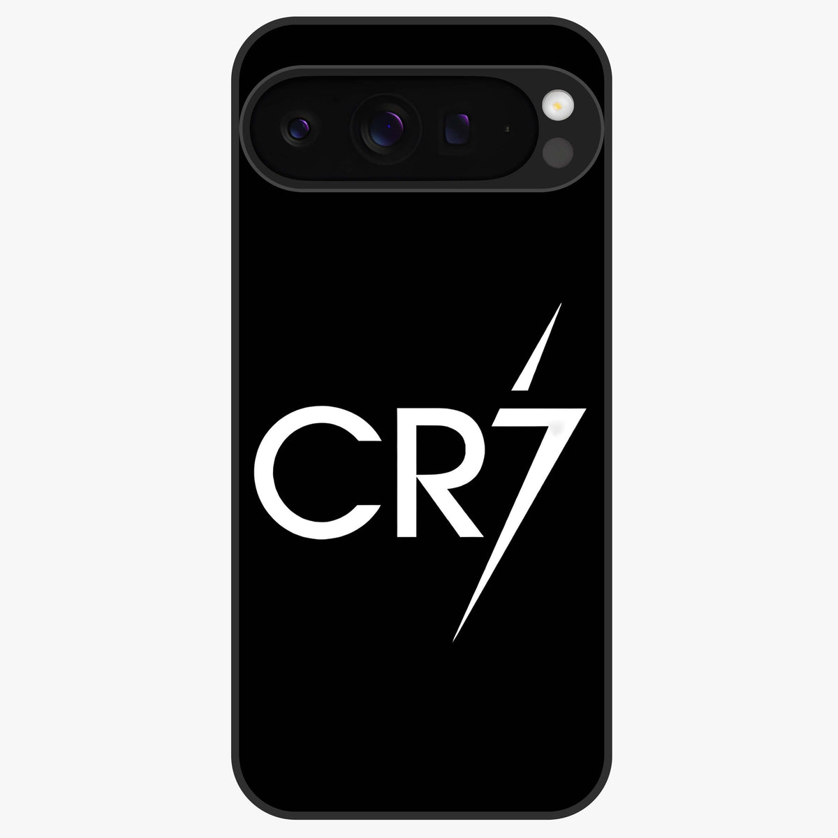 Cr7 Elite Strike Glass Case showing flat back view with dynamic football inspired artwork and glossy glass finish.