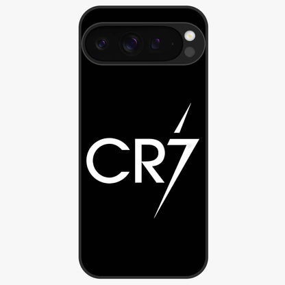 Cr7 Elite Strike Glass Case showing flat back view with dynamic football inspired artwork and glossy glass finish.