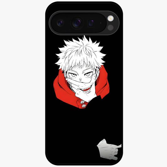 Crimson Chaos Smile Glass Case showing flat back view with bold chaotic smile artwork and glossy glass finish.