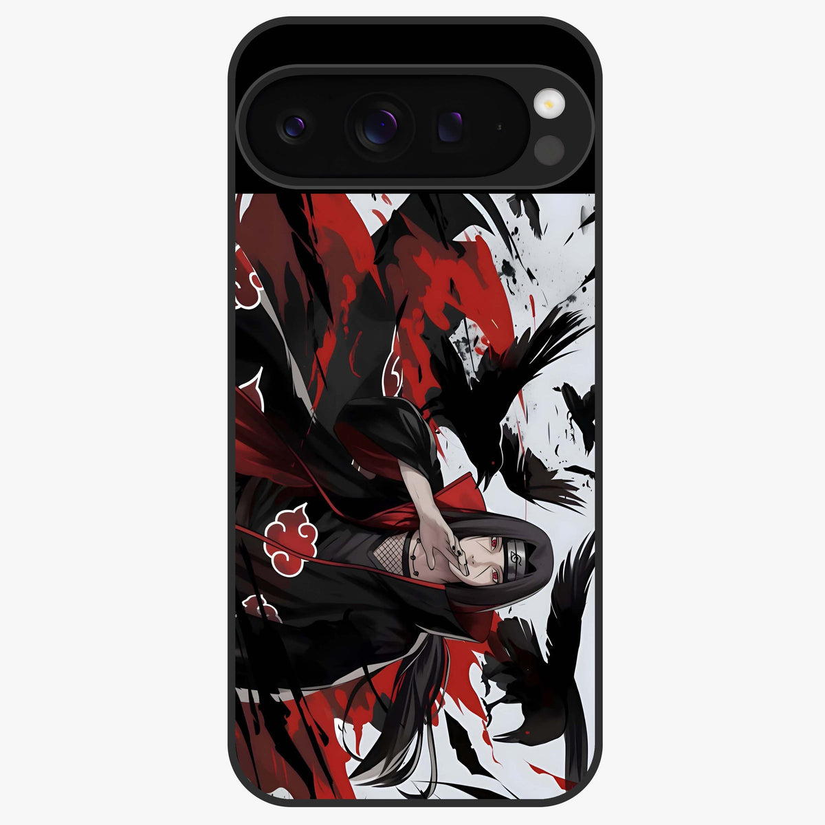 Crimson Crow Illusion Glass Case showing flat back view with artistic crow illusion artwork and glossy glass finish.