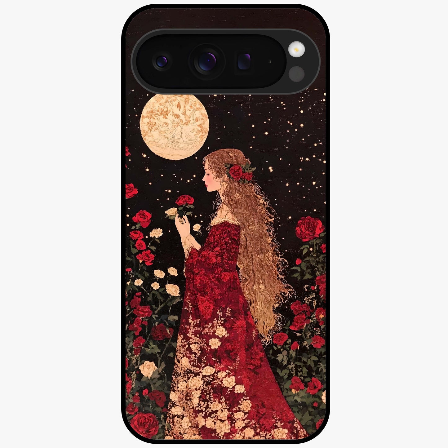 Crimson Dreams Glass Case showing flat back view with dreamy crimson artwork and glossy glass finish.
