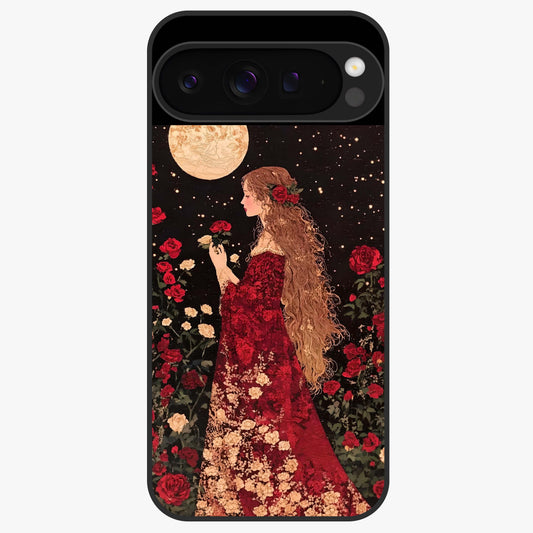 Crimson Dreams Glass Case showing flat back view with dreamy crimson artwork and glossy glass finish.