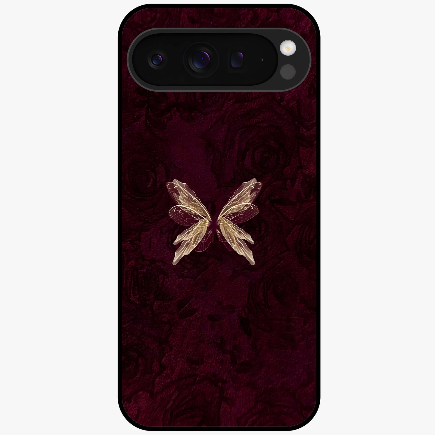 Crimson Fade Butterfly Glass Case showing flat back view with fading butterfly artwork and glossy glass finish.