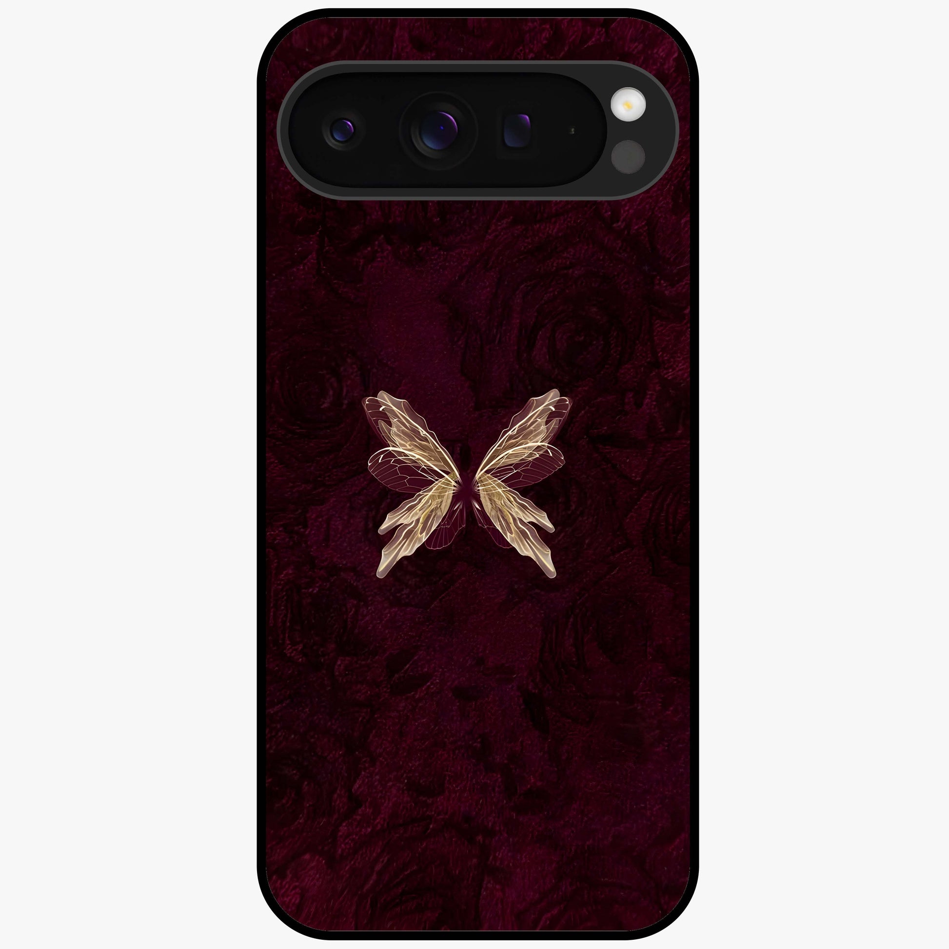 Crimson Fade Butterfly Glass Case showing flat back view with fading butterfly artwork and glossy glass finish.