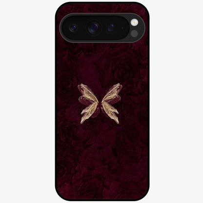 Crimson Fade Butterfly Glass Case showing flat back view with fading butterfly artwork and glossy glass finish.