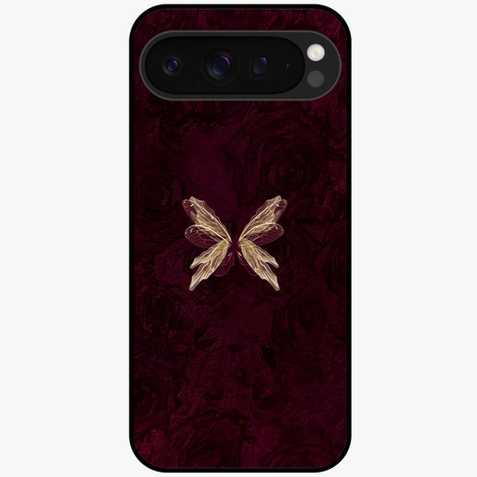 Crimson Fade Butterfly Glass Case showing flat back view with fading butterfly artwork and glossy glass finish.