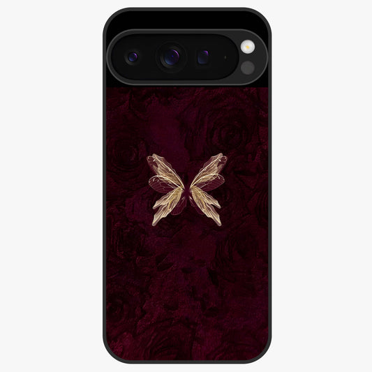 Crimson Fade Butterfly Glass Case showing flat back view with fading butterfly artwork and glossy glass finish.