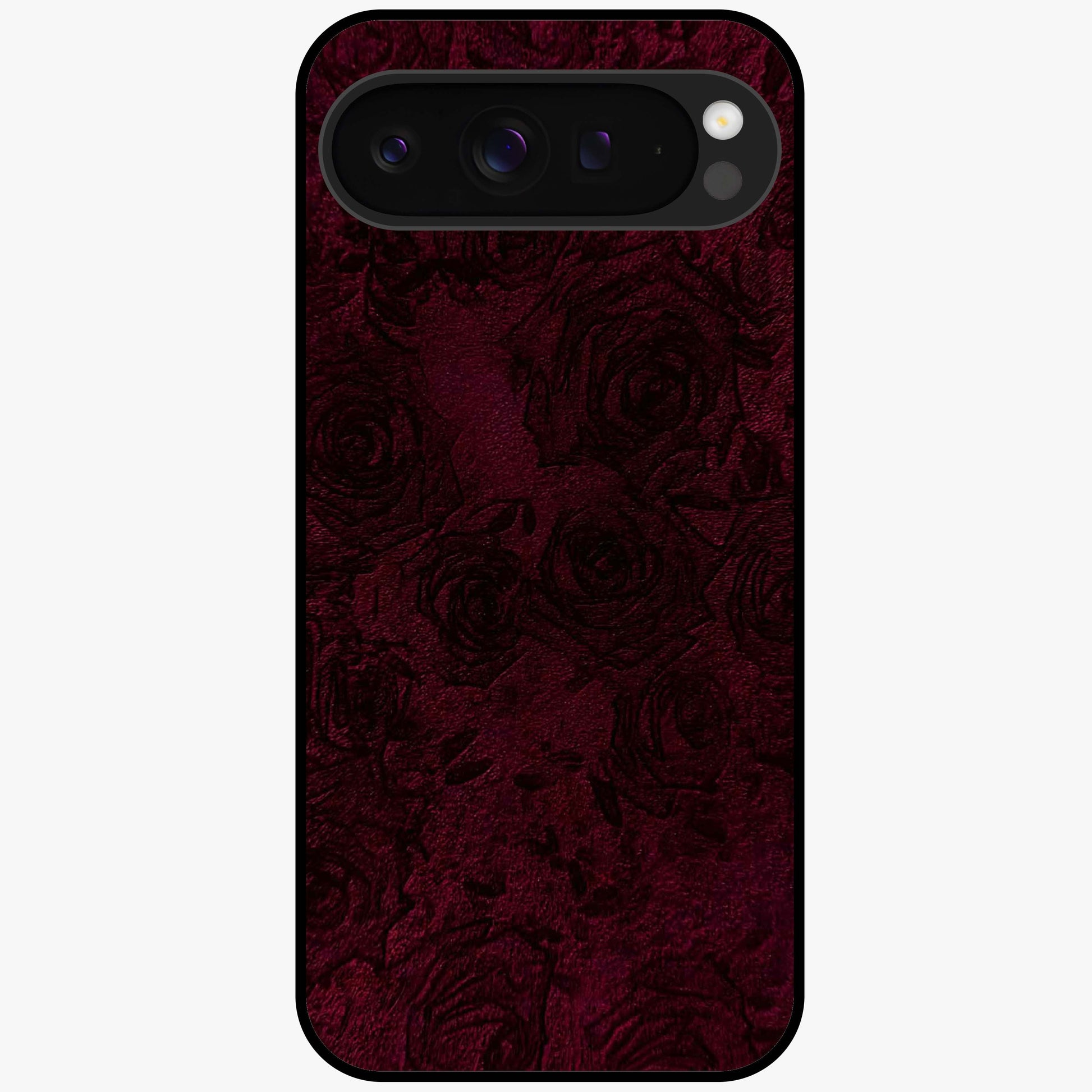 Crimson Fade Flow Glass Case showing flat back view with flowing crimson gradient artwork and glossy glass finish.