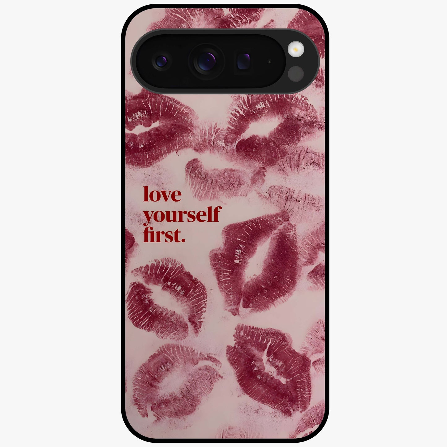 Crimson Kiss Love Glass Case showing flat back view with romantic crimson themed artwork and glossy glass finish.