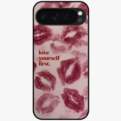 Crimson Kiss Love Glass Case showing flat back view with romantic crimson themed artwork and glossy glass finish.